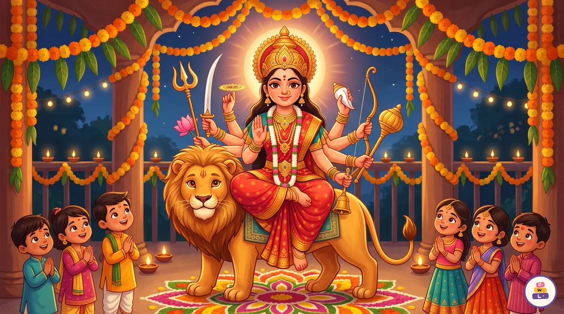 The goddess Durga seated on a gentle golden lion, smiling, one hand raised in blessing and her other hands holding a trident, sword, discus, lotus, conch, bow, mace and bell, with children folding their hands in greeting on both sides