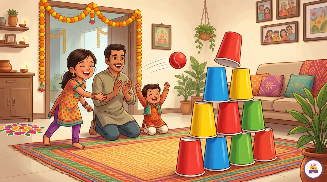 A girl laughing as her ball knocks the top cup off a pyramid of ten paper cups stacked four, three, two and one, while her father and little brother cheer