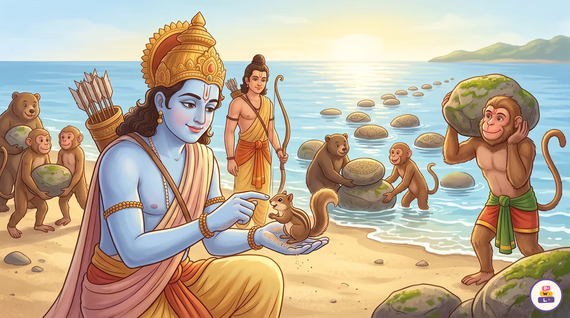 Rama kneeling on a beach, gently stroking a small squirrel on his palm, while Lakshmana watches and Hanuman, monkeys and bears carry stones into the sea to build a bridge