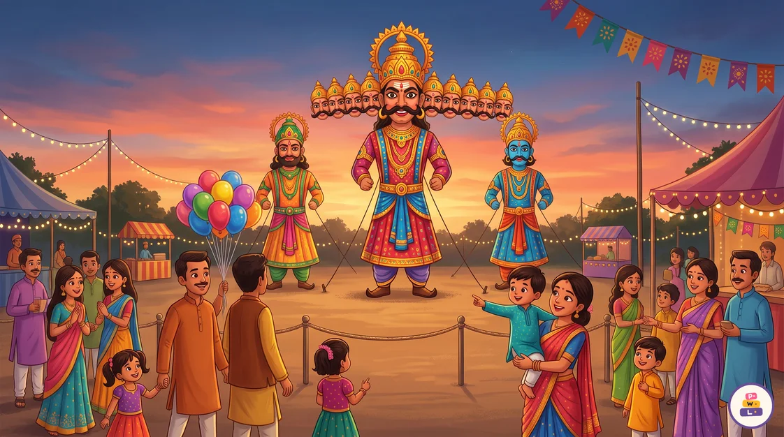 Families with small children standing behind a rope at a sunset fair, looking at three tall festival figures: Ravana with ten heads in the middle and two smaller figures beside him