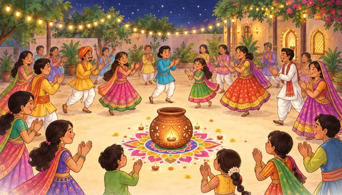 Dancers in bright clothes moving in a wide circle around a glowing clay pot on a rangoli, clapping as they go
