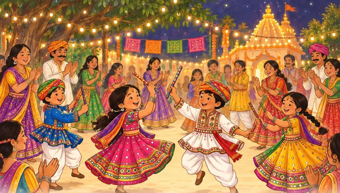 Children dancing in mirror-work chaniya cholis and kediyu outfits with colourful turbans, a lit-up temple behind them