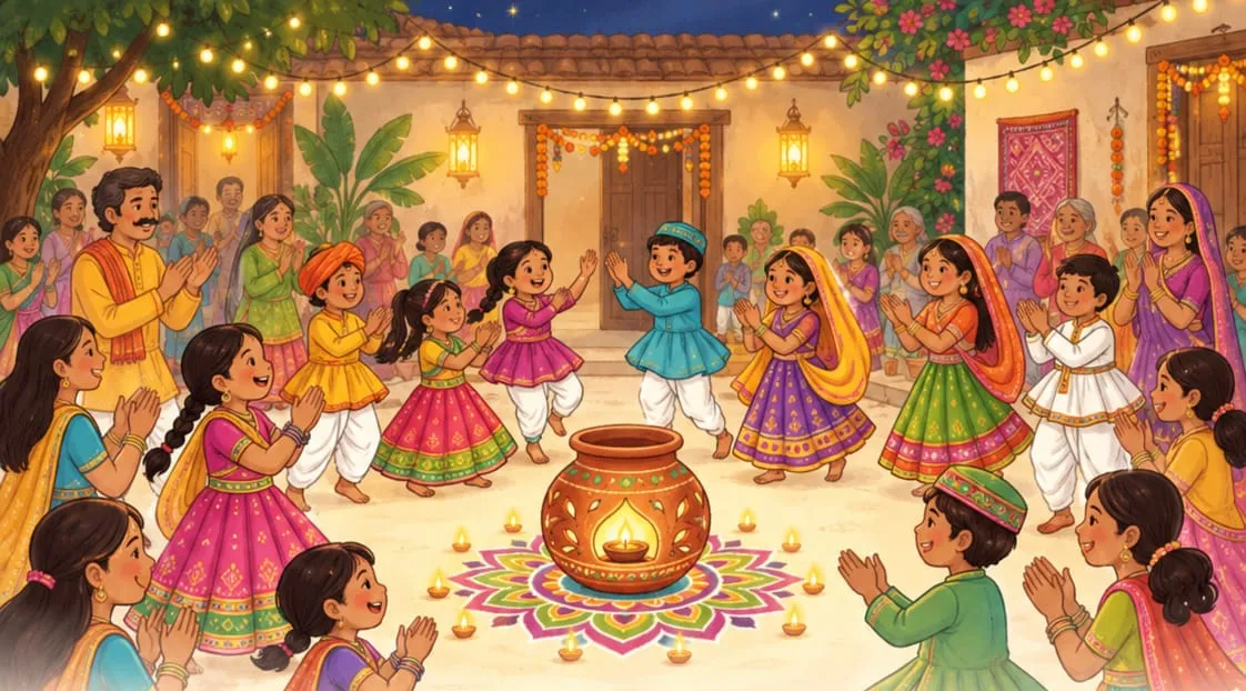 Families and children dancing garba at night in a courtyard full of lights, clapping in a circle around a clay pot with a lamp glowing inside
