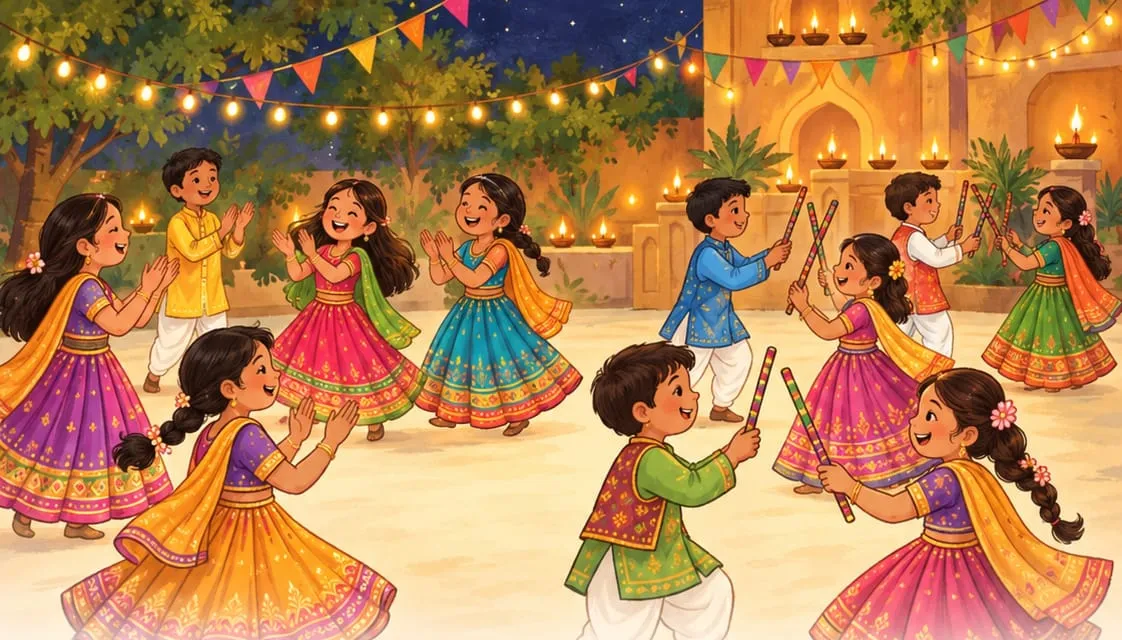 Children dancing dandiya raas in pairs, each holding two decorated sticks and tapping them with a partner