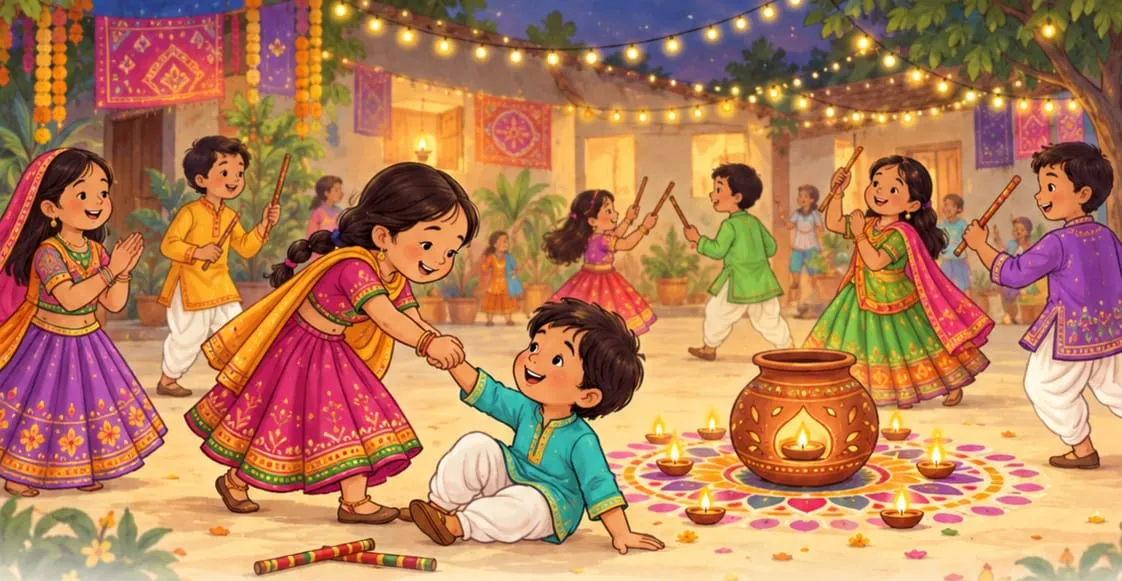 During garba a girl in a pink chaniya choli helps up a small boy who has fallen, dandiya sticks lying on the ground, a lamp glowing in a clay pot behind them