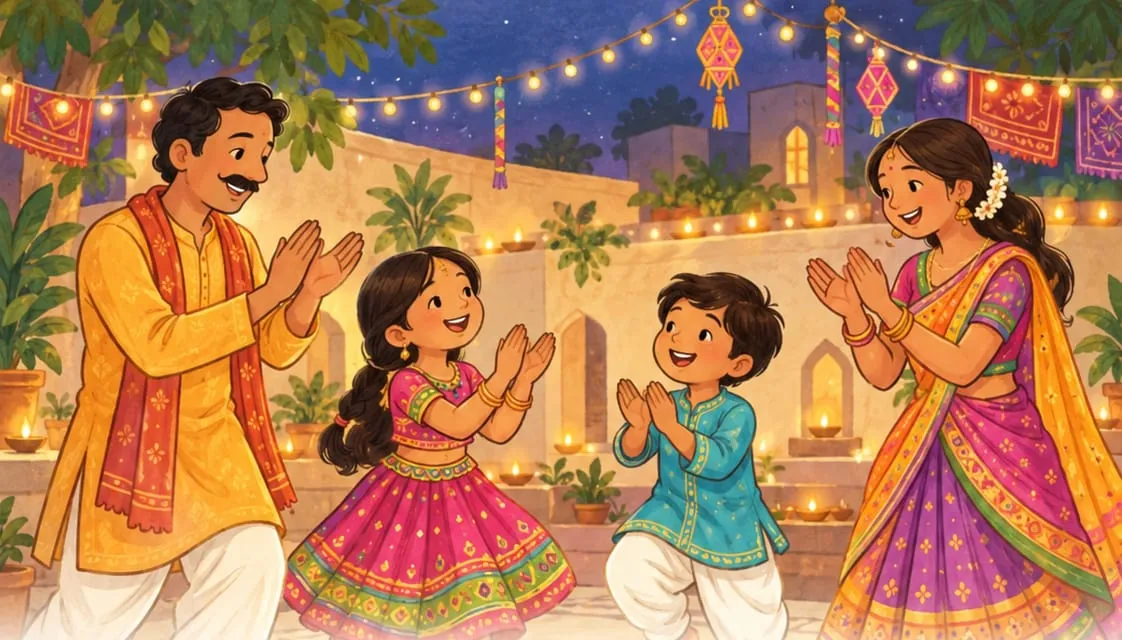 A mother and father clapping a garba beat with their daughter and son in a courtyard lit with lamps