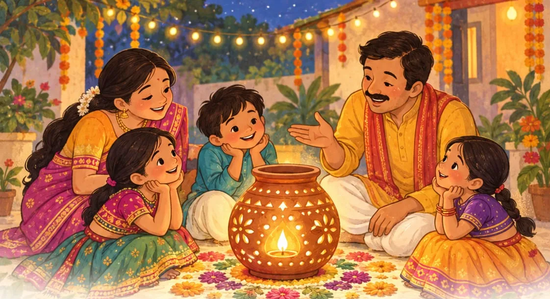 A mother and father sitting with three children around a clay pot full of little holes, a lamp glowing inside it