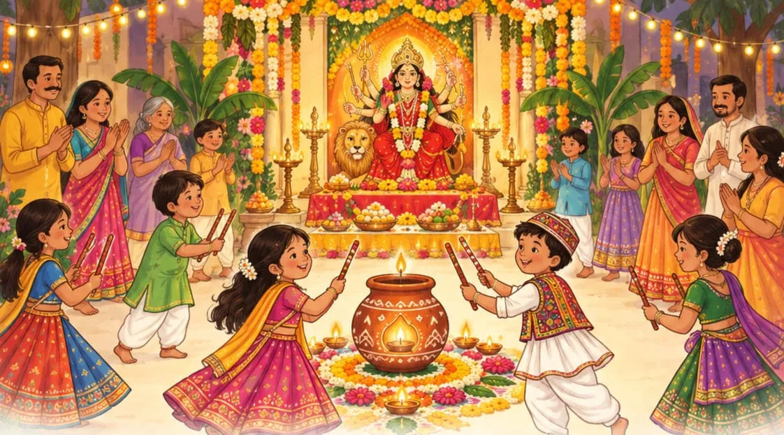 Children dancing with dandiya sticks around a lamp, in front of a decorated shrine of the goddess Durga seated with her lion, families joining their hands in greeting