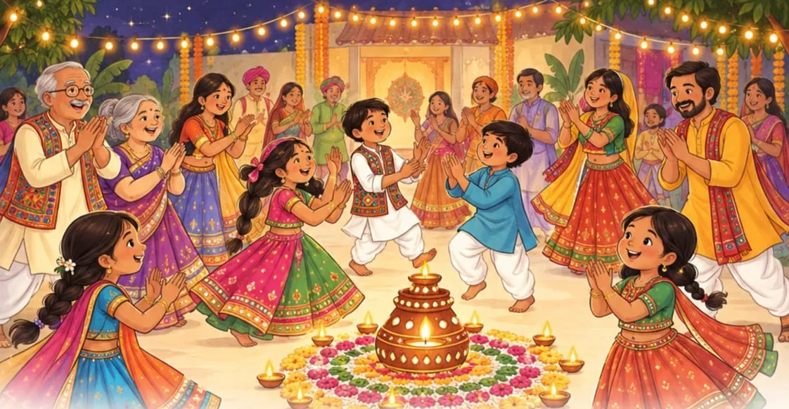 Grandparents, parents and children dancing garba together in a circle around a lamp on a flower rangoli